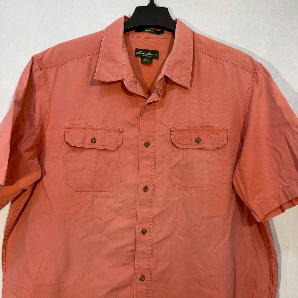 Eddie Bauer Men's Salmon Pink XL Short Sleeve Button Denim Shirt Classic Fit